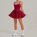 Contrast backless tennis dress with built-in shorts, perfect for sports, fitness and casual wear. - S / Dresses / Burgundy