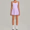 Light purple activewear tennis dress with built-in shorts, backless colorblock pleated design. - Lilac Purple
