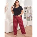 Plus size short sleeve button top and red plaid pajama pants set for women homewear sleepwear - 3XL / Top And Bottom-Red Checkered Style (22008M) / Black/Red