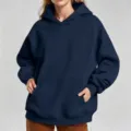 Women's Navy Blue Oversized Hoodie Casual Loose Solid Color Sweatshirt with Kangaroo Pocket - 3XL / Tops / Navy Blue
