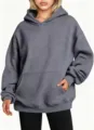 Sweat à capuche oversize gris foncé pour femme, sweat-shirt décontracté uni avec poche kangourou. - XS / Hauts / Gris foncé