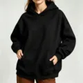 Oversized black hoodie for women, solid color casual streetwear with front pocket and hood. - XS / Tops / Black