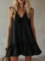 Black v-neck sleeveless tie front ruffle hem mini dress summer resort style detail view. - S / Dresses / Black