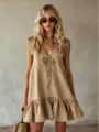 Women's 2026 Summer Casual V-Neck Sleeveless Tie-Front Ruffle Hem Loose Resort Mini Dress - Khaki