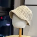 Detailed view of the cozy beige knit bucket hat texture showing warm autumn winter style. - Adult One Size (54-60cm) / Khaki