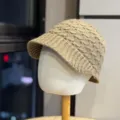 Detail shot of the warm knitted cap with brim, showing fine texture and autumn winter style. - Adult One Size (54-60cm) / Light Brown
