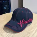 Vintage embroidered baseball cap for women with curved brim and contrast red stitching details. - Adult 54-60 Adjustable / Navy Blue