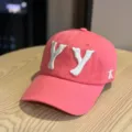 Pink cotton baseball cap with embroidered YY letters, Japanese style unisex retro casual hat for spring. - Pink