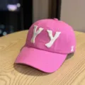 Pink cotton baseball cap with white embroidered letters, casual adjustable hat for us. - Rose Red