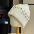 White rhinestone knit beanie for women, cozy thick warm winter wool hat with pearls. - Adult One Size (54-60cm) / White
