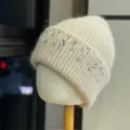 Beige rhinestone knitted hat for women, thick warm winter beanie with pearls and bling details. - Adult One Size (54-60cm) / Light Khaki