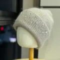 Berretto in maglia con strass da donna, cappello invernale caldo e spesso con perle. - Taglia Unica Adulto 54-60cm / Khaki scuro