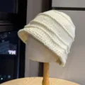 Vintage pleated knit bucket hat for women winter casual warm blended wool woolen cap solid. - Adult 54-60 Average Size / Beige