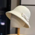 French vintage chic women bucket hat autumn winter warm solid color casual elegant bow cloche - Adult Adjustable 54-60 / Beige