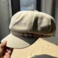 Retro wool newsboy cap for women, stylish autumn winter warm octagonal hat with buckle. - Adult 54-60 Adjustable / Beige