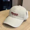 Detailed view of casual beige baseball cap with stylish red embroidery and curved brim. - Adult 54-60 Adjustable / Beige