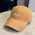 Detail shot of washed cotton baseball cap with stylish embroidery, soft crown and curved brim. - Adult 54-60 Adjustable / Orange