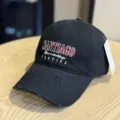 Detailed view of the black distressed baseball cap featuring cool embroidered lettering & brim. - Adult 54-60 Adjustable / Black