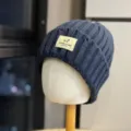 Cozy winter knitted beanie hat with cute sheep patch label, soft navy blue unisex winter cap warm. - Adult One Size (54-60cm) / Navy Blue
