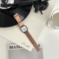 Minimalist square quartz watch with brown leather strap for casual daily wear and fashion style. - Brown Strap White Dial
