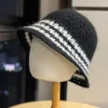 Cappello a secchiello in maglia a righe stile coreano da donna moda autunnale cappello - Adulto 54-60 Regolabile / Nero