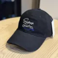 Black embroidered baseball cap detail showing soft top and stylish English lettering. - Adult 54-60 Adjustable / Black