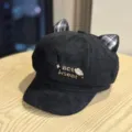 Black cat ear beret hat for women, cute embroidered octagonal cap with wide brim. - Adult 54-60 Adjustable / Black