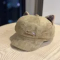 Cute cat ear suede octagonal hat for women, stylish painter cap, casual beret hat. - Adult 54-60 Adjustable / Khaki