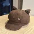 Brown suede cat ear beret hat for women, cute embroidered octagonal painter hat with plaid ears. - Adult 54-60 Adjustable / Coffee