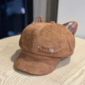 Brown suede cat ear beret hat stylish embroidered newsboy cap cute autumn women fashion hat - Adult 54-60 Adjustable / Caramel color