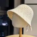 Beige knit bucket hat for women, slouchy warm woolen basin cap with cute side bow tie. - Beige