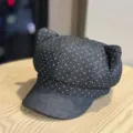 Cute polka dot cat ear denim beret hat detail, sweet autumn winter octagonal painter hat. - Adult 54-60 Adjustable / Black