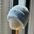 Light blue knit beanie hat for women, autumn winter warm pullover cap with cute silver bows. - Adult One Size (54-60cm) / Light Blue