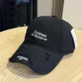 Distressed black baseball cap with white letter embroidery for summer outdoor sun protection. - Adult 54-60 Adjustable / Black