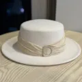 Vintage elegant wool flat top hat with ribbon and rhinestone buckle for women fashion detail - Adult Adjustable 54-60 / Beige