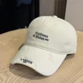 Distressed baseball cap with letter embroidery, stylish casual sun hat for summer daily wear. - Adult 54-60 Adjustable / Beige