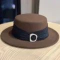 Vintage wool flat top hat for women, elegant brown fedora with stylish pleated band and buckle. - Adult Adjustable 54-60 / Coffee With Black Ribbon