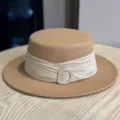 Elegant wool flat top hat with sparkly buckle ribbon detail, retro British style fashion accessory. - Adult Adjustable 54-60 / Khaki