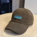 Brown corduroy baseball cap detail, blue script embroidery aime, soft top design, casual hat. - Adult 54-60 Adjustable / Coffee