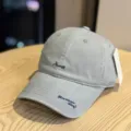 Detailed view of grey washed cotton baseball cap with stylish time and quote embroidery. - Adult 54-60 Adjustable / Light Blue
