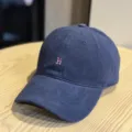 Vintage washed cotton baseball cap with pink embroidered hi letter, soft top design. - Adult 54-60 Adjustable / Navy Blue