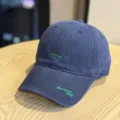Japanese style dark blue baseball cap with green embroidery lettering, curved brim sun hat detail. - Adult 54-60 Adjustable / Navy Blue