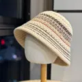 Sombrero pescador de ganchillo para mujer, elegante gorro de sol de punto a rayas, veraniego. - Adulto 54-60 Ajustable / Caqui