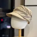 Details of beige pleated newsboy hat, stylish Japanese dark style soft fabric cap with visor. - Adult 54-60 Adjustable / Dark Khaki
