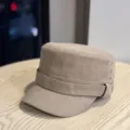 Casual vintage khaki flat top cadet hat featuring side metal eyelets and chic stitching. - Adult 54-60 Adjustable / Khaki