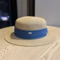 Stylish women straw hat flat top sun hat summer breathable retro classic design sunhat - Adult Adjustable 54-60 / Khaki Dark Blue Ribbon