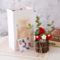 Handcrafted knitted flower potted plant gift set with strawberry crochet and gift bag. - Small Wooden Base - Strawberry (Single Flower)