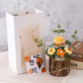 Handgemaakte gehaakte oranje potplant cadeauset met witte geschenkzak, bureaudecoratie. - Kleine Houten Basis - Wens Komt Uit (Enkele Bloem)