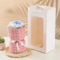 Handmade knitted rose flower bouquet gift set with pink tweed wrap and bag for girlfriend - Pink & Gradient Blue (Single Bouquet)