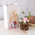 Handgemaakte gehaakte potplant cadeau-set met cadeautas en schattige wenskaart. - Kleine Houten Basis - Perzik (Enkele Bloem)